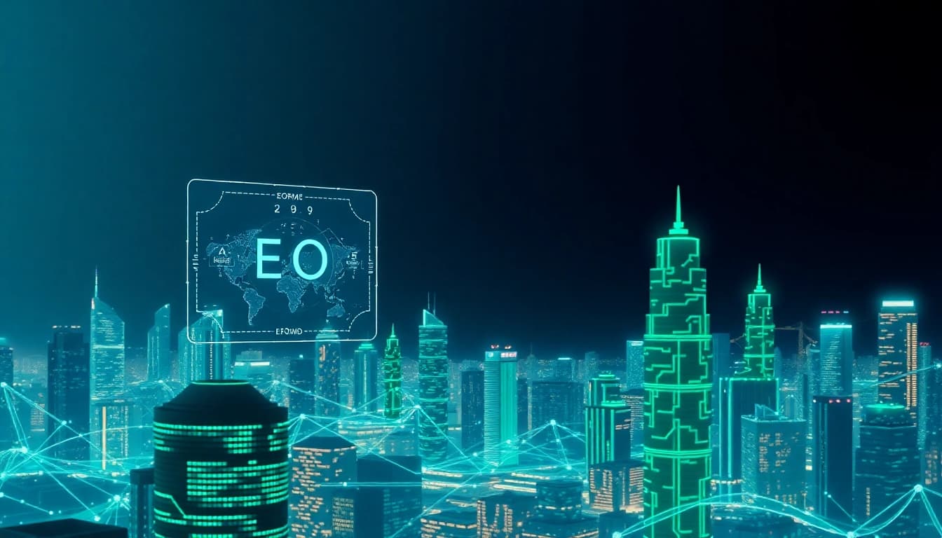 Visualize EORMC AI blockchain development through an intricate digital cityscape with high-tech holographic interfaces.