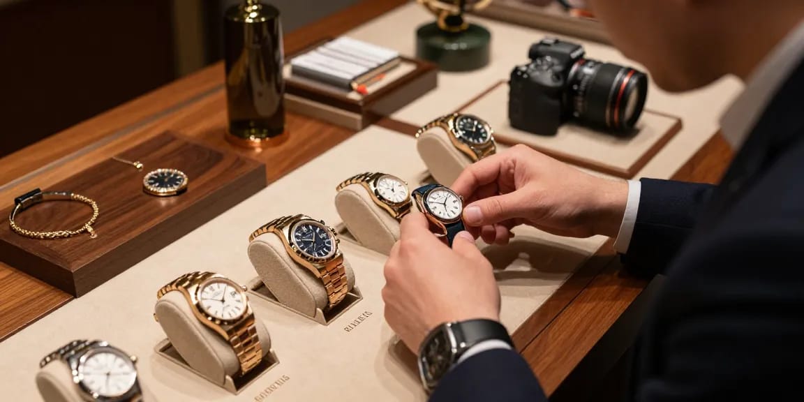 Detailed view of super clone watches on display, highlighting luxury brands and craftsmanship.