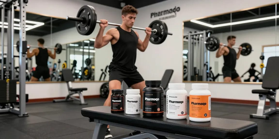 Pharmaqo Shop athlete training with steroids in modern gym setting.