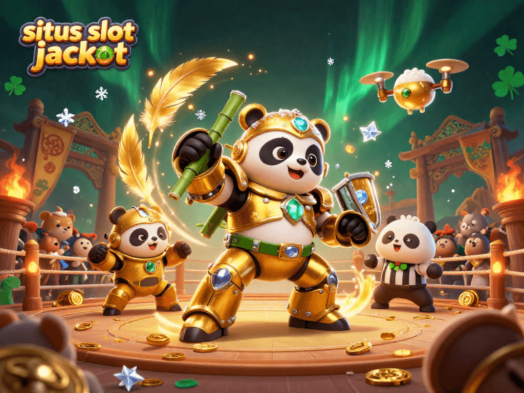 Engage with situs slot jackpot in this vibrant, action-packed 3D illustration showcasing a golden panda robot in an exciting casino arena.