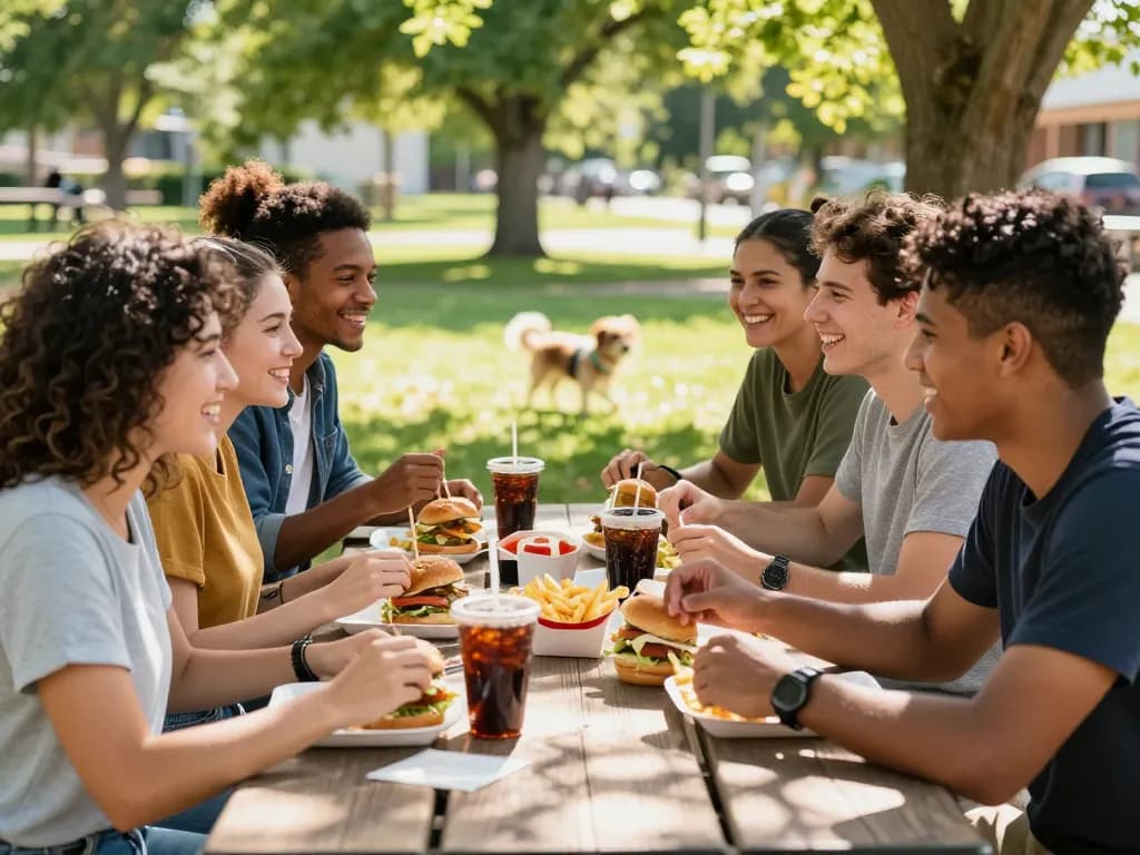 Friends enjoying fast food prices at a picnic table in a sunny park.