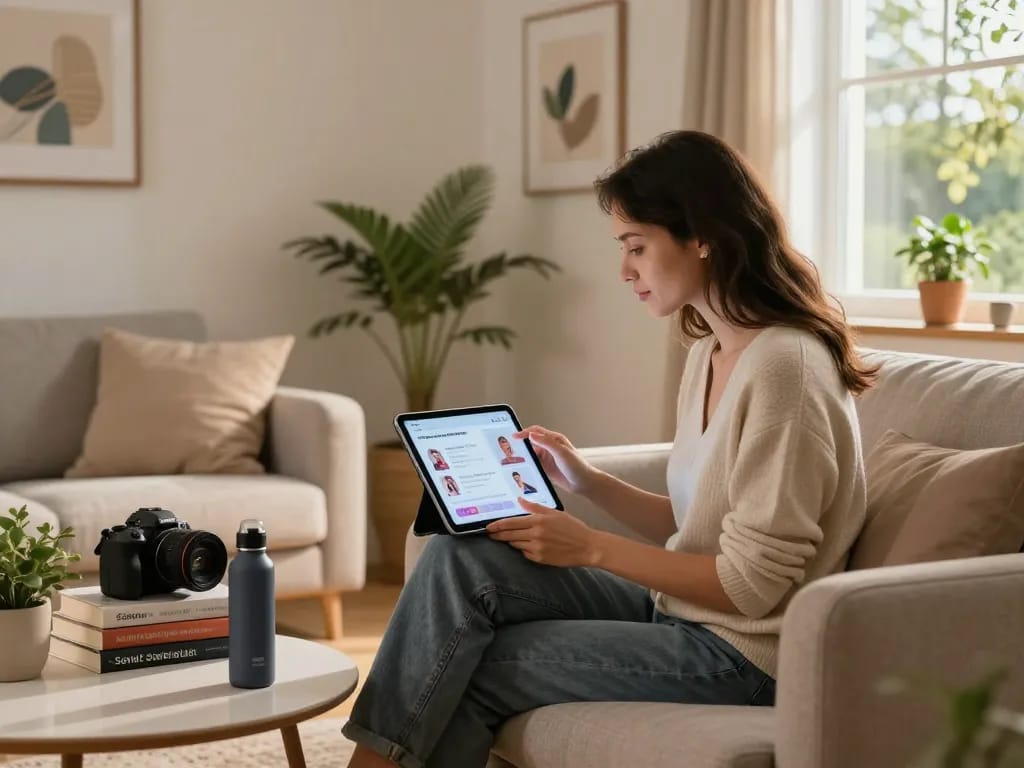The interaction of AI sex enhancement technology in a cozy living room setting, showcasing a woman using a tablet for sexual wellness.