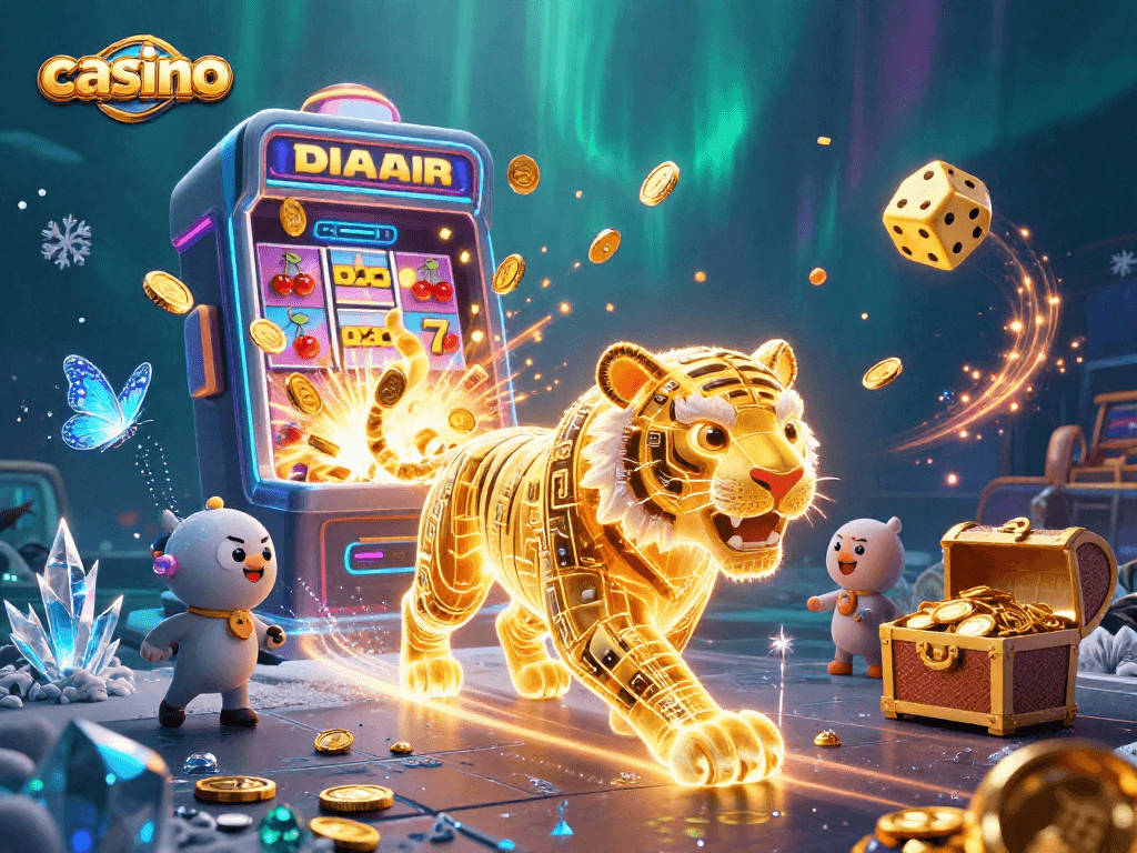 Casino-themed illustration with a dynamic golden tiger and slot machine bursting with rewards.