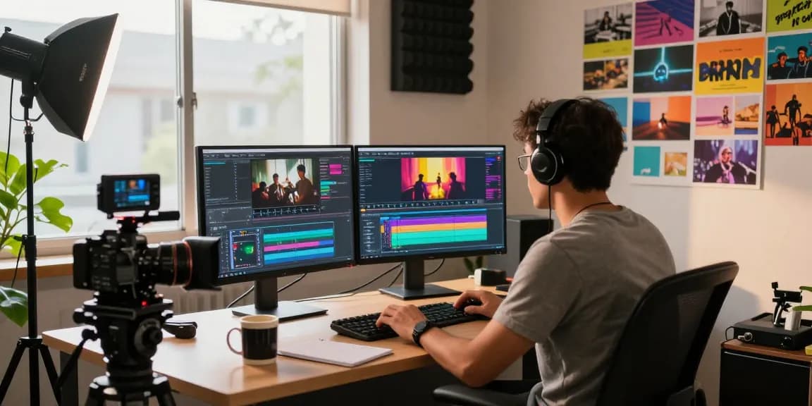 Learn color correction and cinematic grading in a vibrant video editing studio with monitors and creative tools.