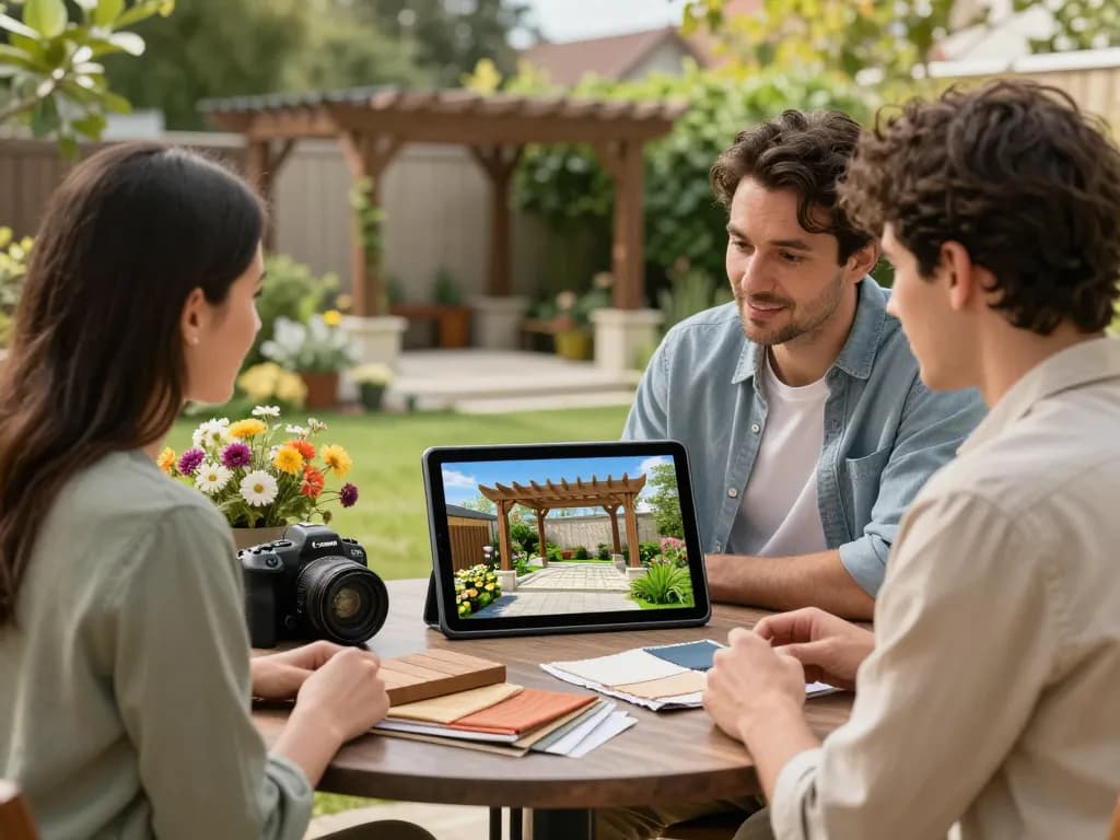 Couple engaging with Pergola Configurator Software in their garden
