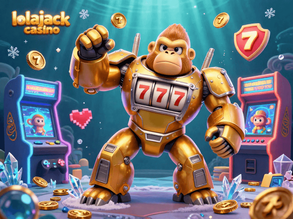 Experience thrill at lolajack casino with a vibrant 3D gorilla mech amidst neon arcade elements.