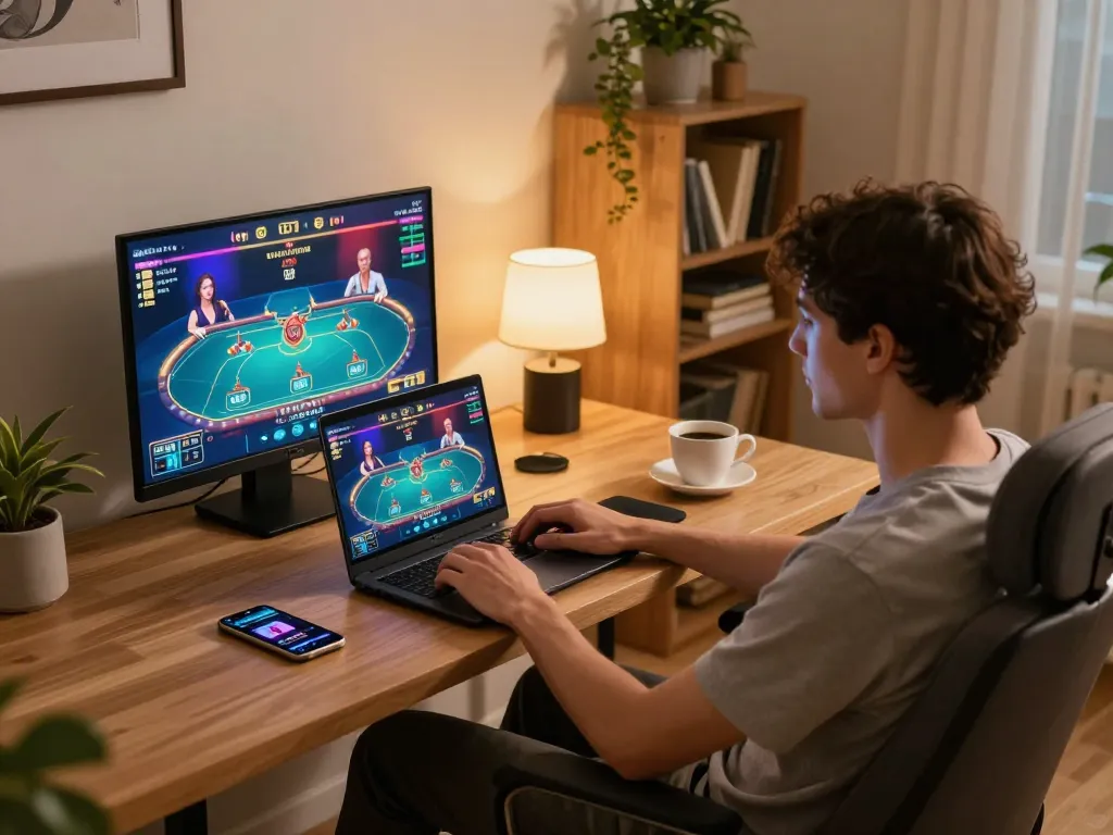 Engaging online gaming experience with 包网 platform as user plays poker on laptop, cozy home atmosphere.