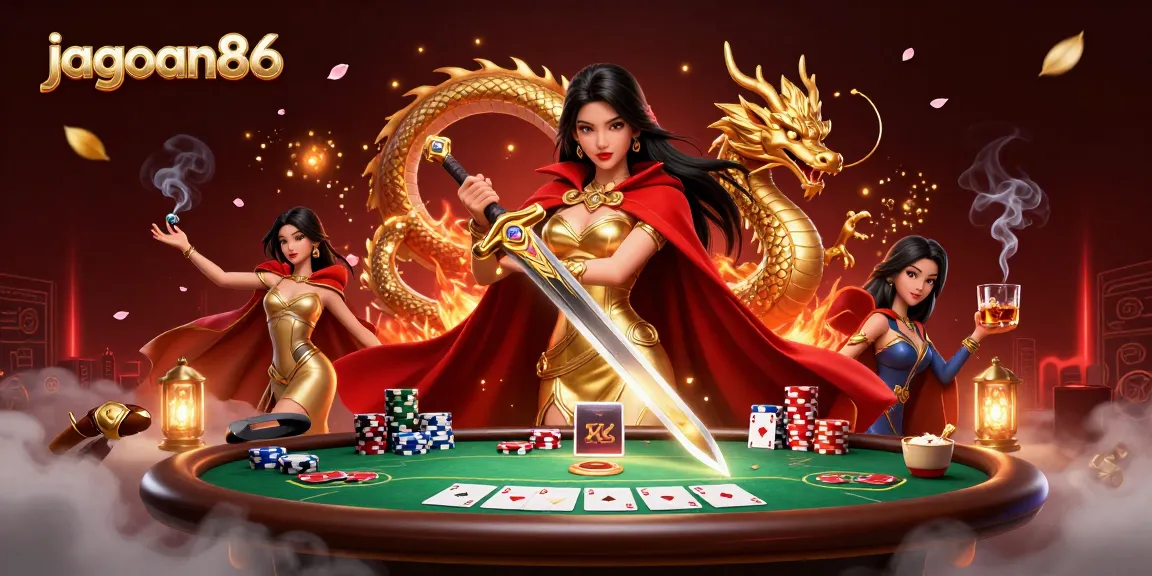 Engage with jagoan86 for an electrifying poker showdown in a vibrant casino scene.