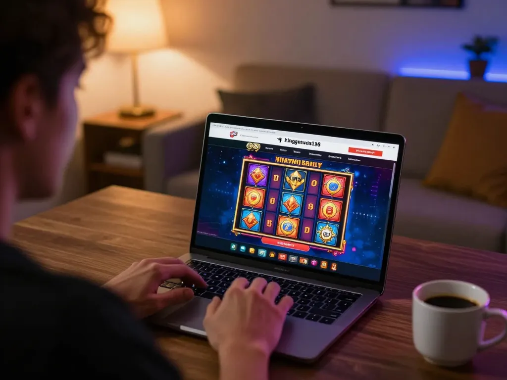 Engaging with kinggaruda138 on a laptop shows online gaming excitement with inviting home atmosphere