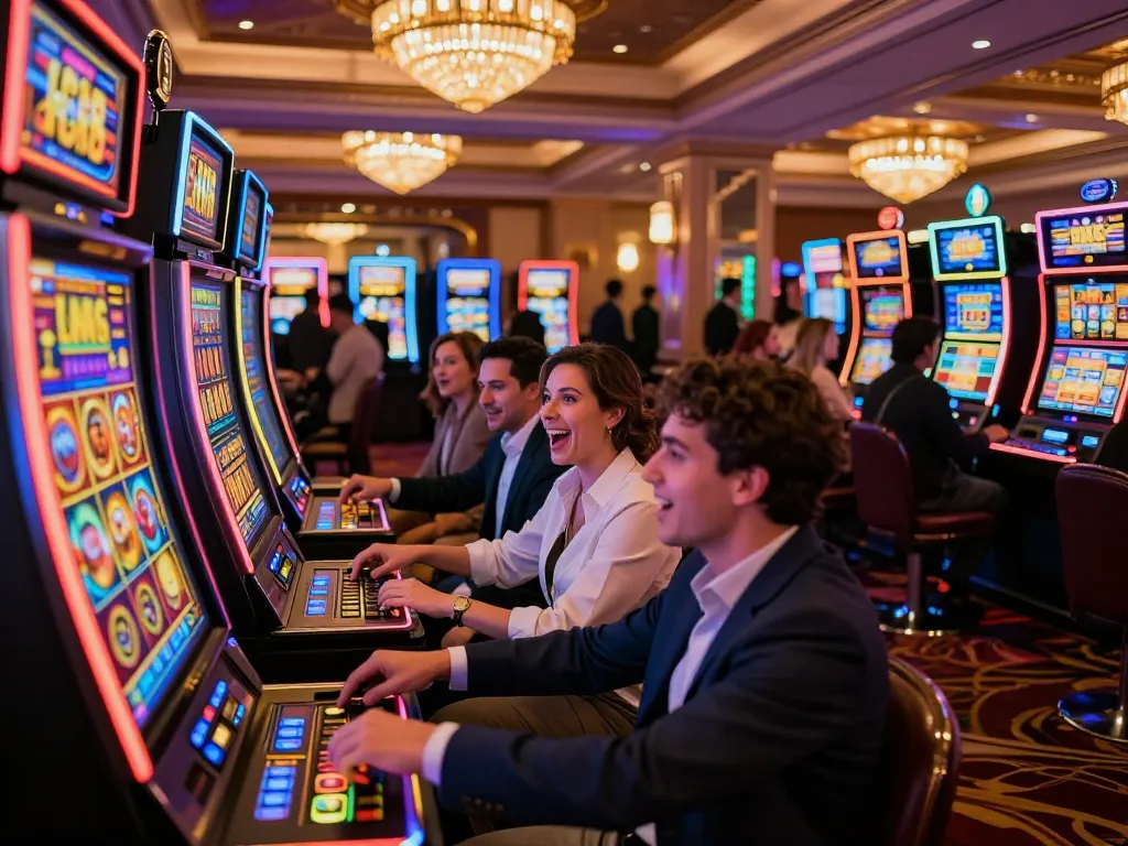 Players enjoying Lucky 88 slot machines in an upscale casino, highlighting excitement and strategy.