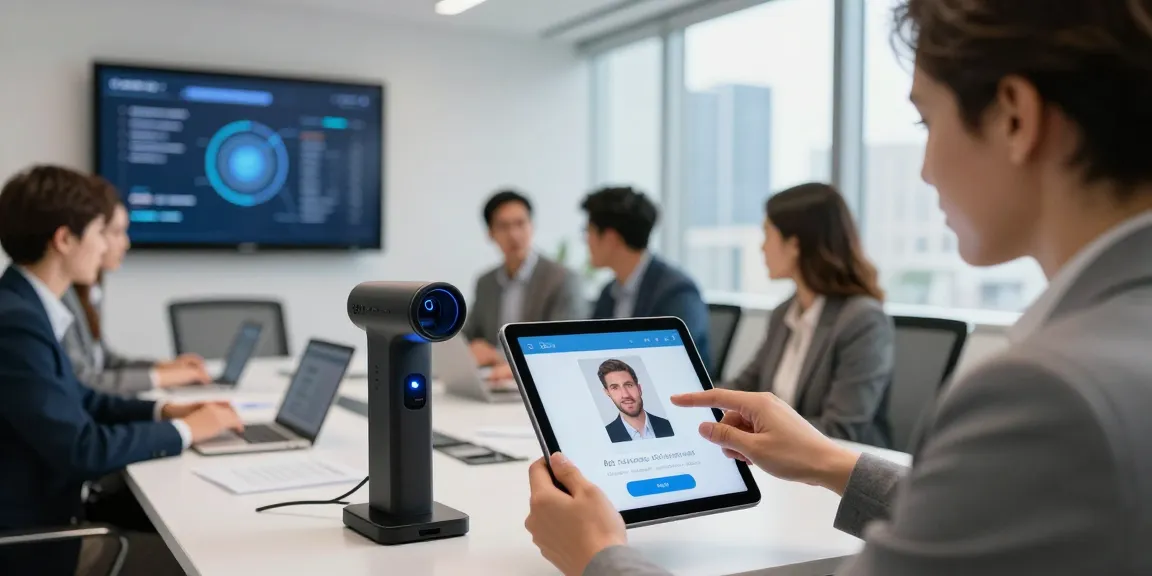 Efficient age verification system demonstration in a modern office with biometric scanning