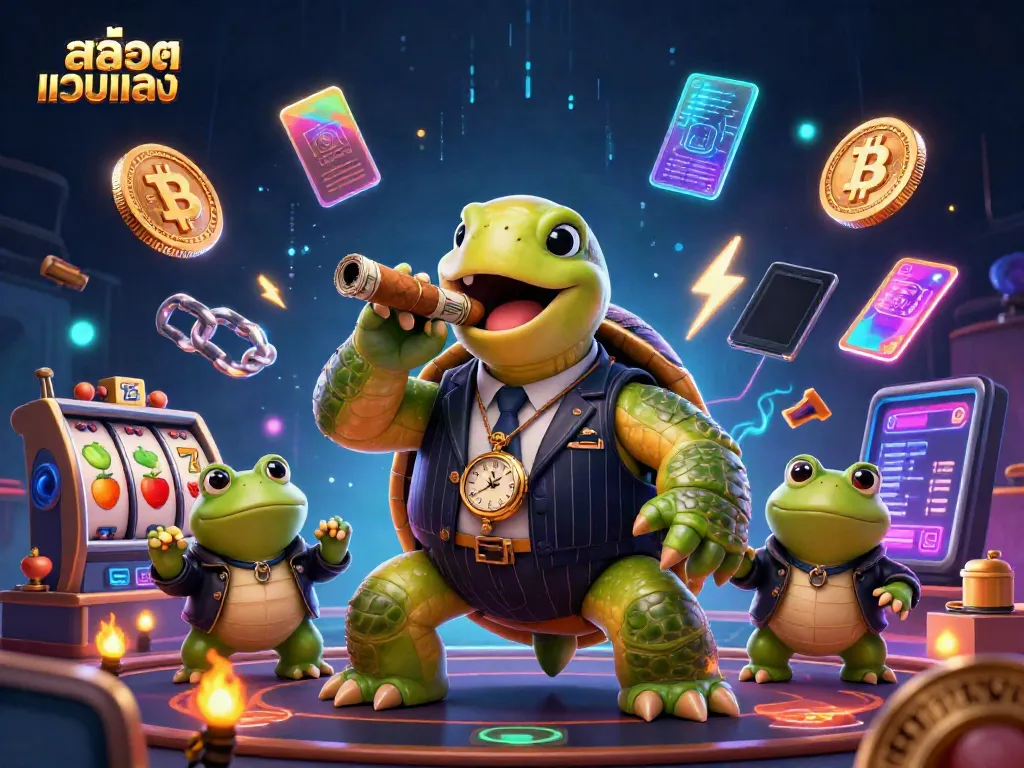 Engage with the vibrant scene of a cartoon snapping turtle and bullfrogs in a casino atmosphere, highlighting สล็อตเว็บตรง themes and elements.