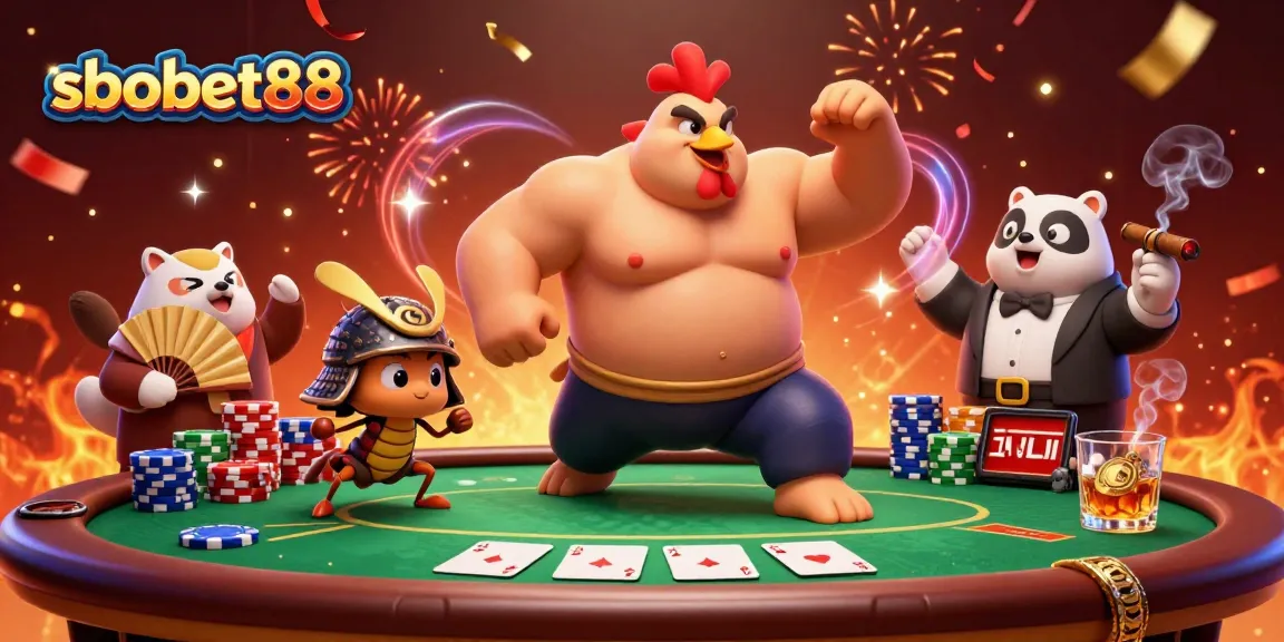 Experience sbobet88 excitement with a dynamic poker scene featuring a sumo rooster, a samurai cricket, and a tanuki announcer.