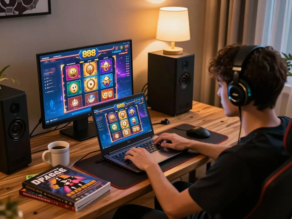 Player spinning reels at slot88 casino on laptop in a cozy home setting