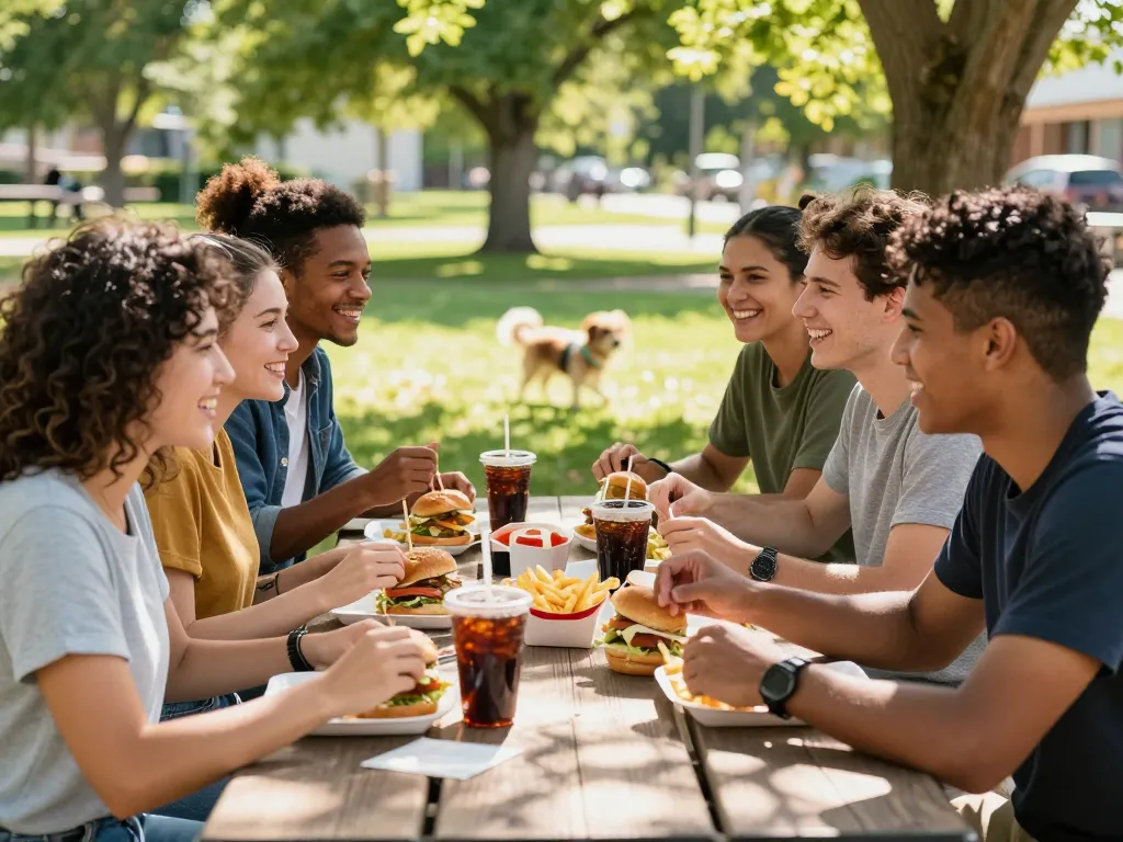 Friends enjoying fast food prices at a picnic table in a sunny park.