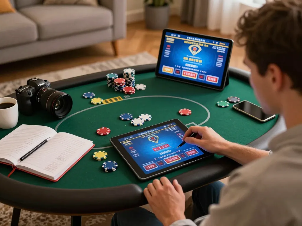 Engaging in a game of poker with tip88 on a tablet while enjoying a cozy home environment.
