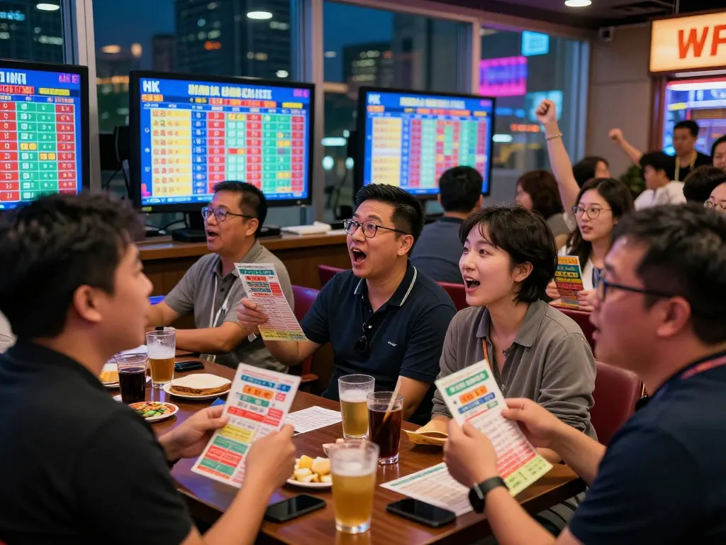Live betting scene of HK Hari Ini with excited bettors watching lottery results