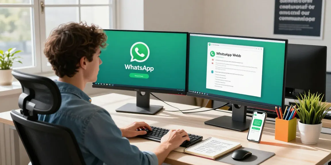 User engaging with WhatsApp網頁版 on a desktop in a bright, modern office setting with motivational decor and tech accessories.