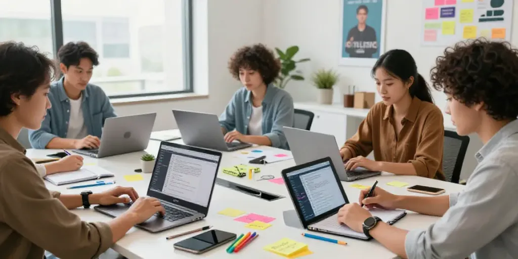Team collaborating using an AI content writing assistant in a modern workspace.