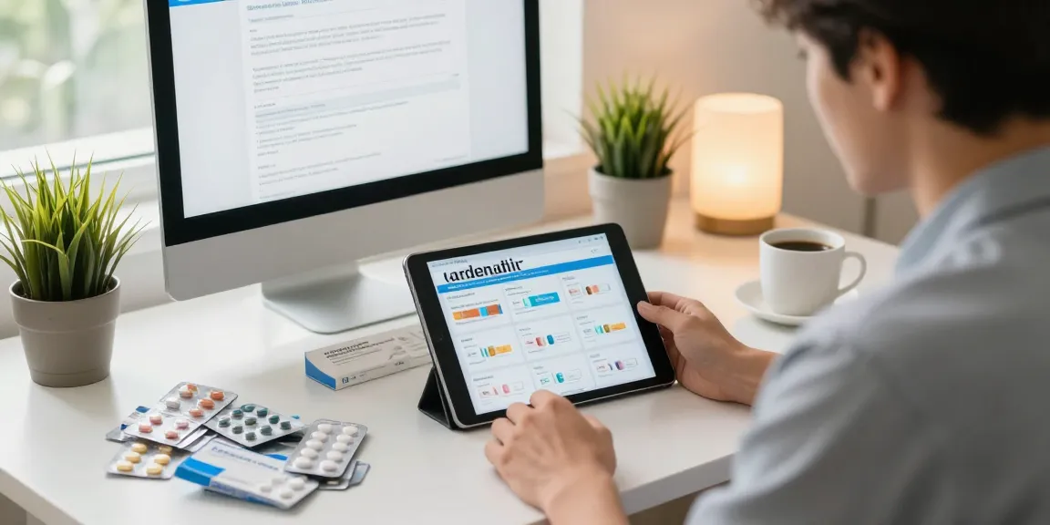 Vardenafil information displayed on a tablet in a cozy home office.