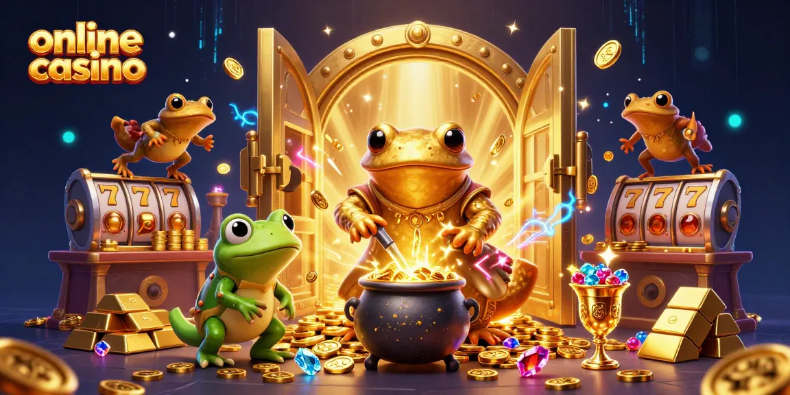 Experience the excitement of an online casino with lively characters and sparkling gold treasures.