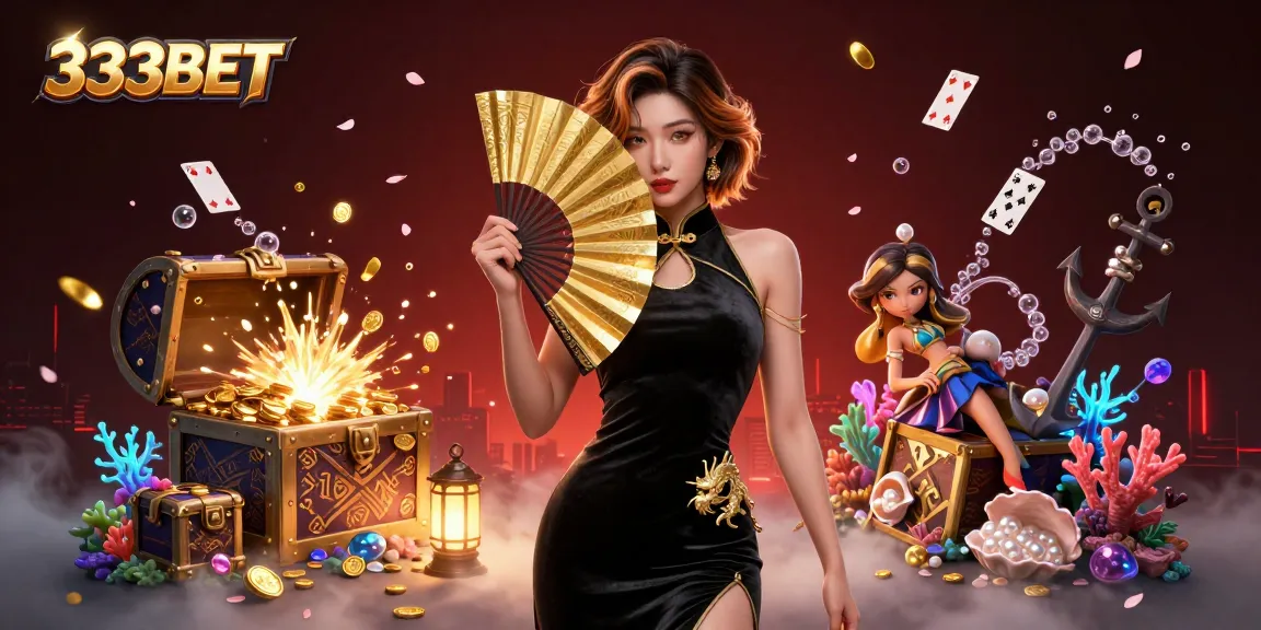 Engage with thrilling 333BET games, highlighting a mesmerizing Asian woman amidst opulent casino elements.