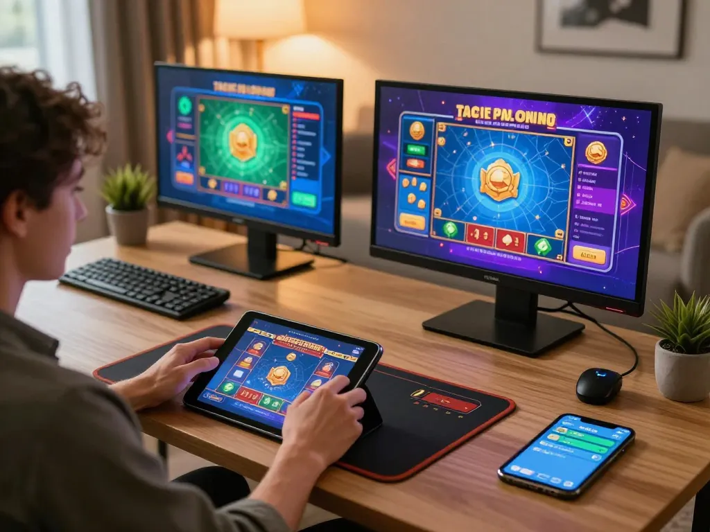 Playing casino games on a tablet at home, showcasing GOOD88's online gaming experience.