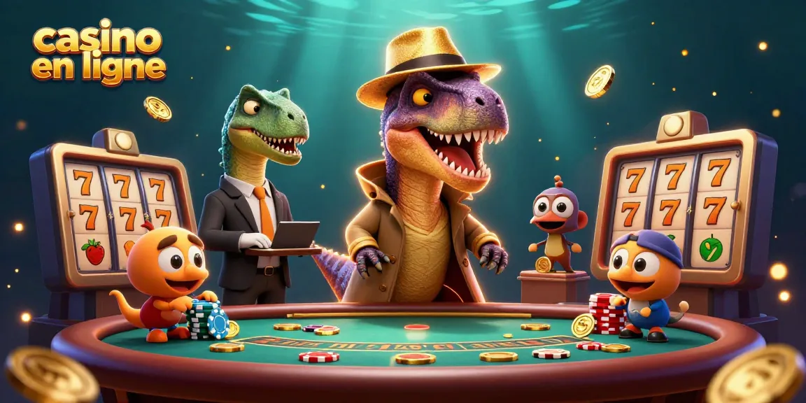 Joue au casino en ligne avec un vélociraptor card counter, à la table de blackjack, entouré de pièces d'or et de rouleaux.