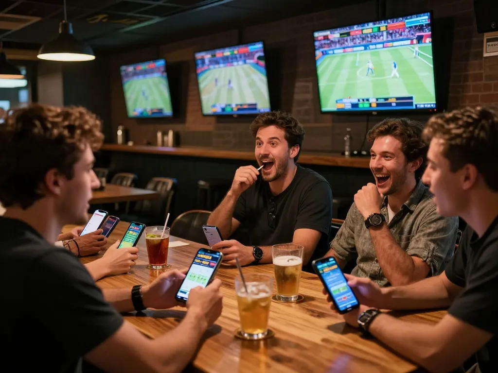 Engaged users placing nk88 bet while enjoying live sports, vibrant atmosphere with screens and drinks.