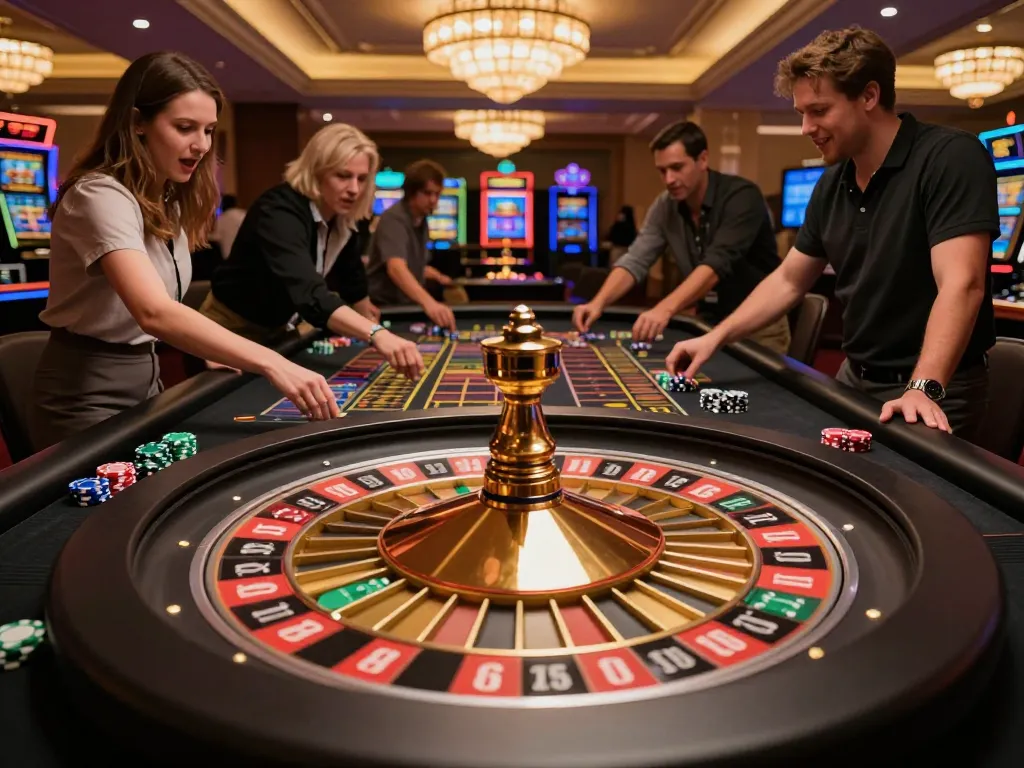 Rokok players engaging in a high-stakes roulette game at a luxury casino table.