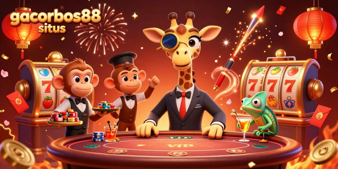 Experience thrilling wins at gacorbos88 situs with a vibrant casino scene featuring a giraffe, monkey, and chameleon.