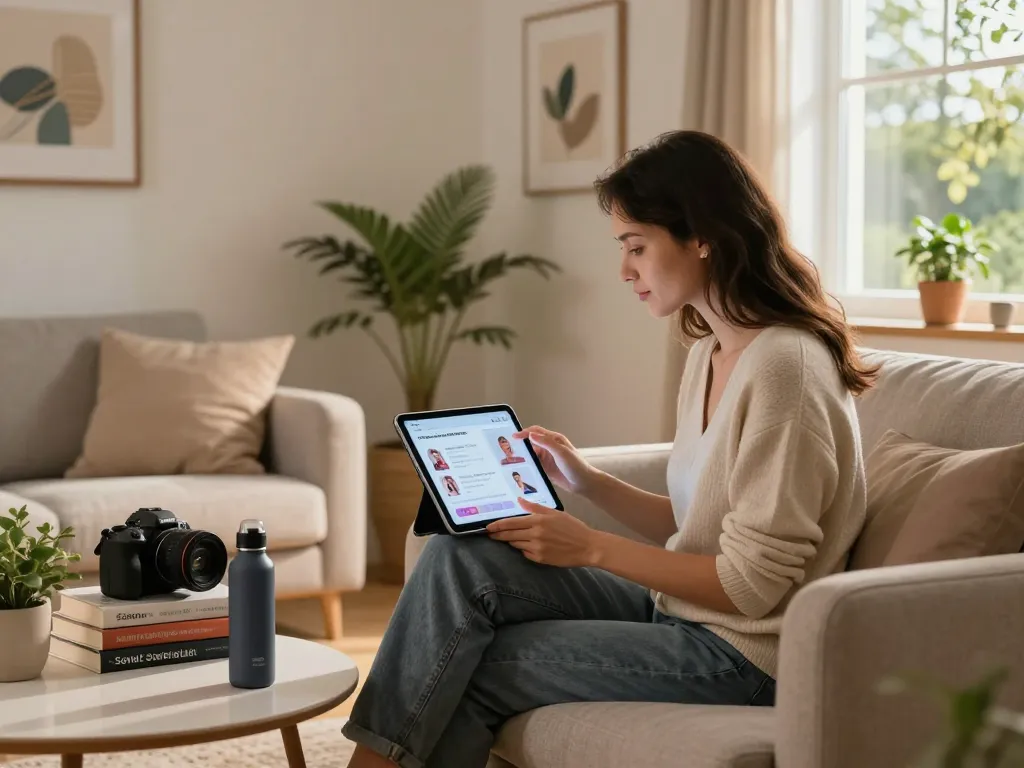 The interaction of AI sex enhancement technology in a cozy living room setting, showcasing a woman using a tablet for sexual wellness.