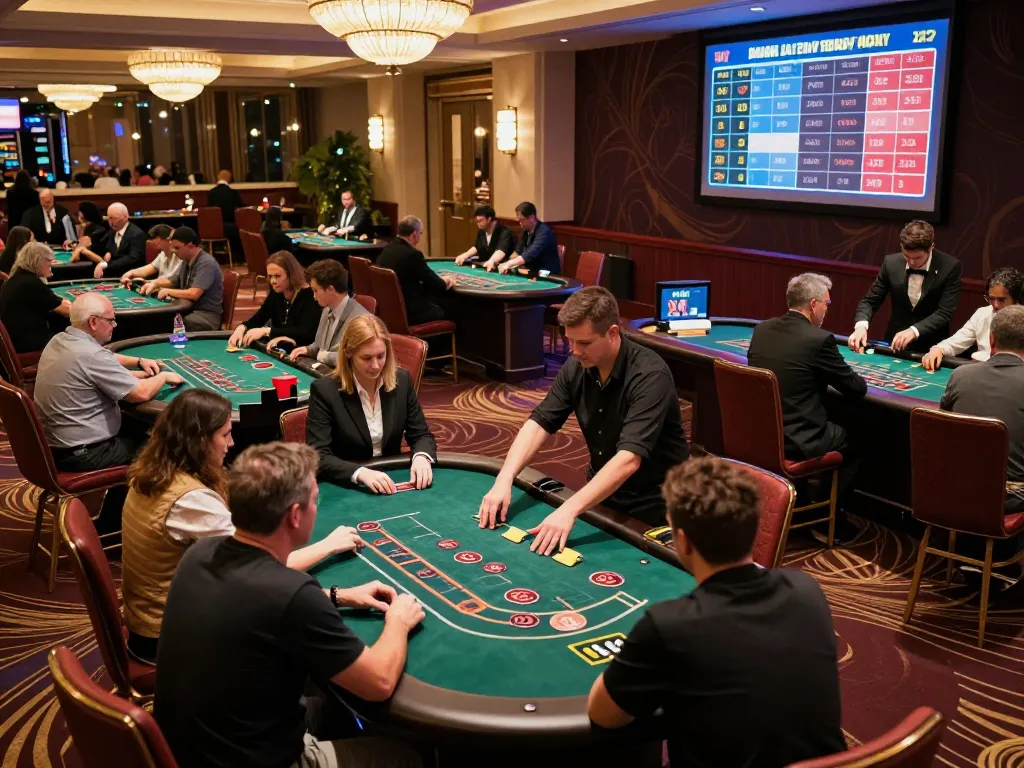 Engaged players at a blackjack table in upscale casino scene, showcasing vibrant atmosphere at 58win.