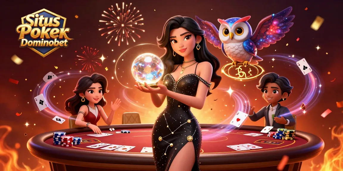 Situs Poker Dominobet showcases a vibrant poker scene with a woman in a black gown and mystical owl.
