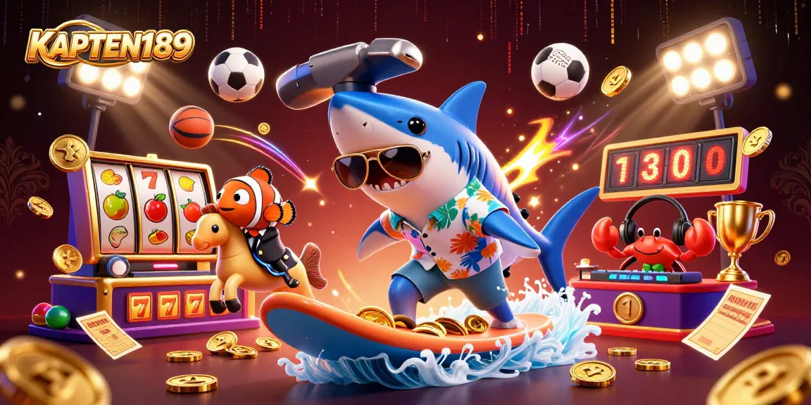KAPTEN189 menyajikan ilustrasi dinamika dengan hiu kartun di atas tumpukan koin emas dalam konteks slot online.