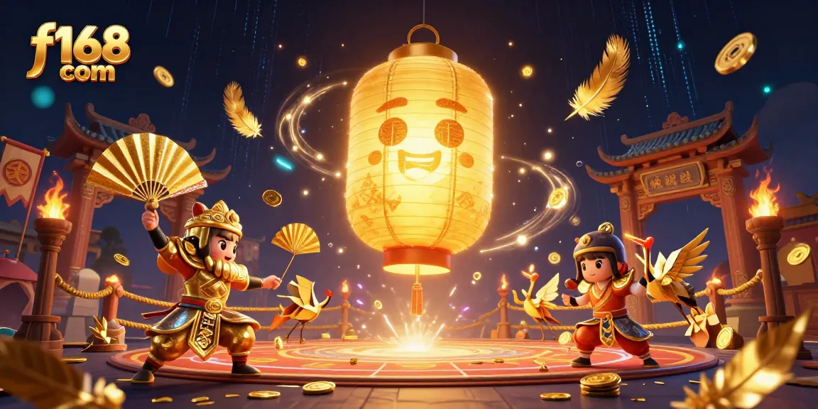 Engage in fun at f168 com's vibrant casino, guided by the lantern spirit and companions.