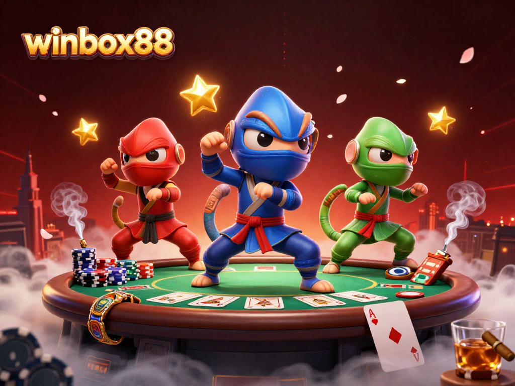 Winbox88 showcases a 3D ninja chameleon trio in a dynamic poker scene with colorful casino elements.