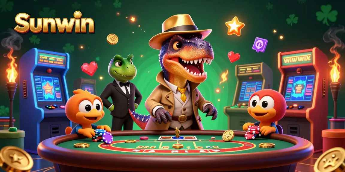Play exciting games at Sunwin with a colorful 3D casino illustration featuring fantastic characters.
