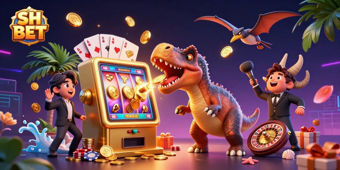 Engaging SH BET casino illustration with dynamic pachycephalosaurus jackpot win, coins, and gaming elements.