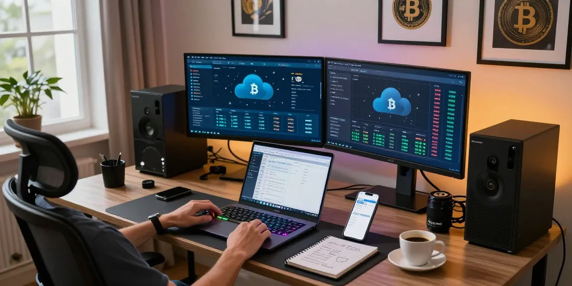 Cloud mining with daily payouts setup showcasing cryptocurrency mining tools and dashboard with Bitcoin data and digital wallet interface.