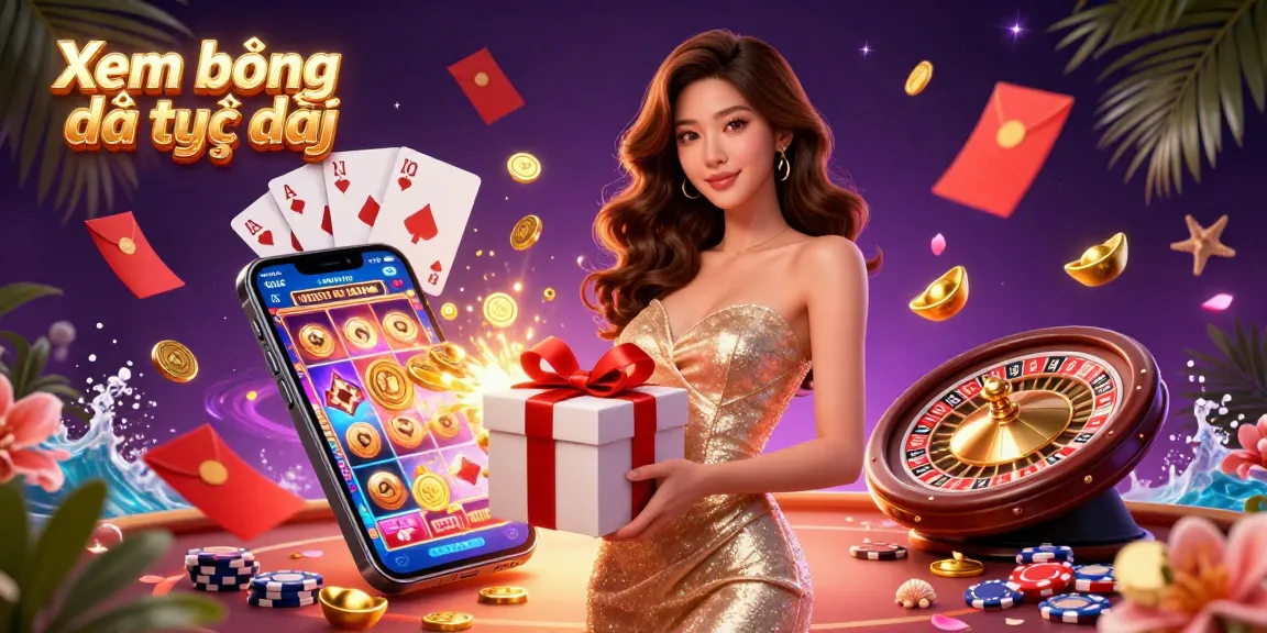 Xem bóng đá trực tiếp features a vibrant digital casino scene with a stunning Asian woman, lively game elements, and festive decorations.