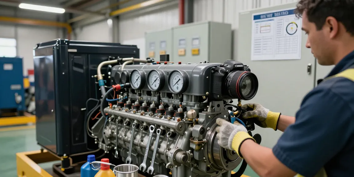 Diesel generators in an industrial workshop with a technician performing maintenance checks on diesel engine components for reliable power solutions.