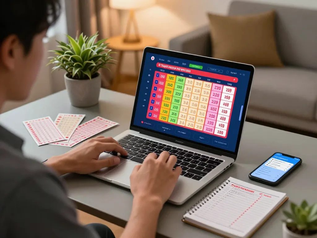 Explore HK Hari Ini lottery results with a player analyzing numbers in a vibrant home setting.