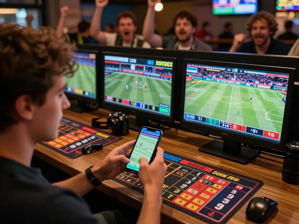 Exciting sports betting scene with a player using the uu88 net app during a live game.