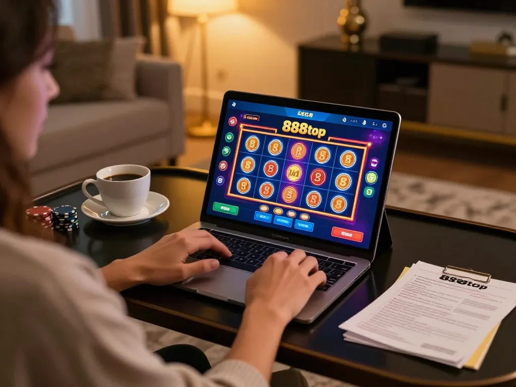 Engaging with 888top app on tablet while enjoying a beverage in a comfortable home setting