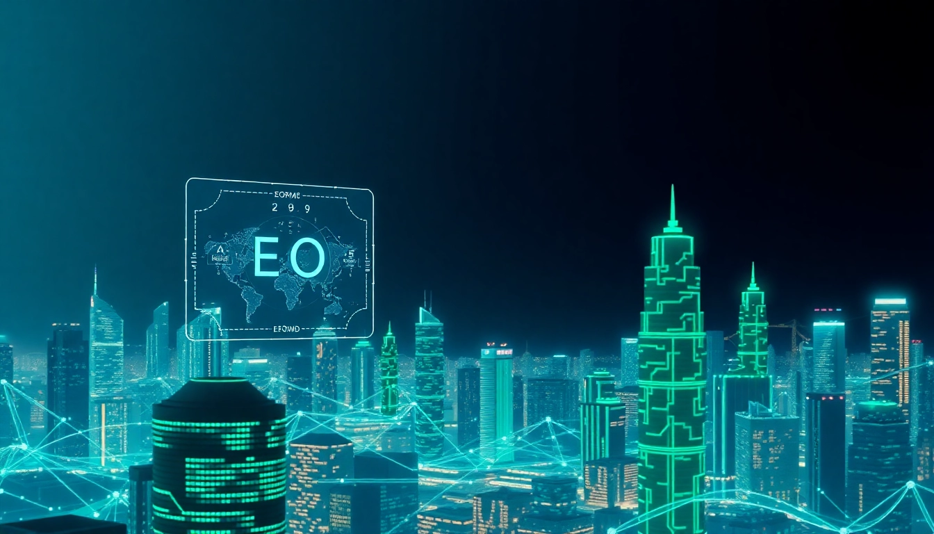Visualize EORMC AI blockchain development through an intricate digital cityscape with high-tech holographic interfaces.