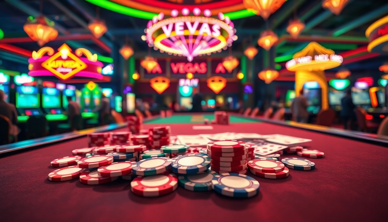 Engaging scene of a Vegas hero-themed casino with vibrant poker chips attracting eager players.