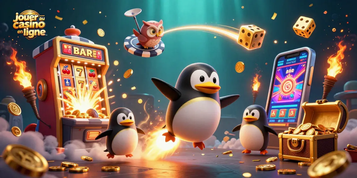 Jouer au casino en ligne avec une illustration dynamique d'un pingouin doré et une machine à sous.