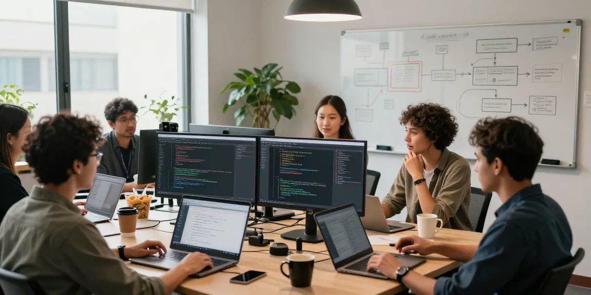 Team collaboration at romulus.digital software development workspace showcasing coding, brainstorming, and project management.
