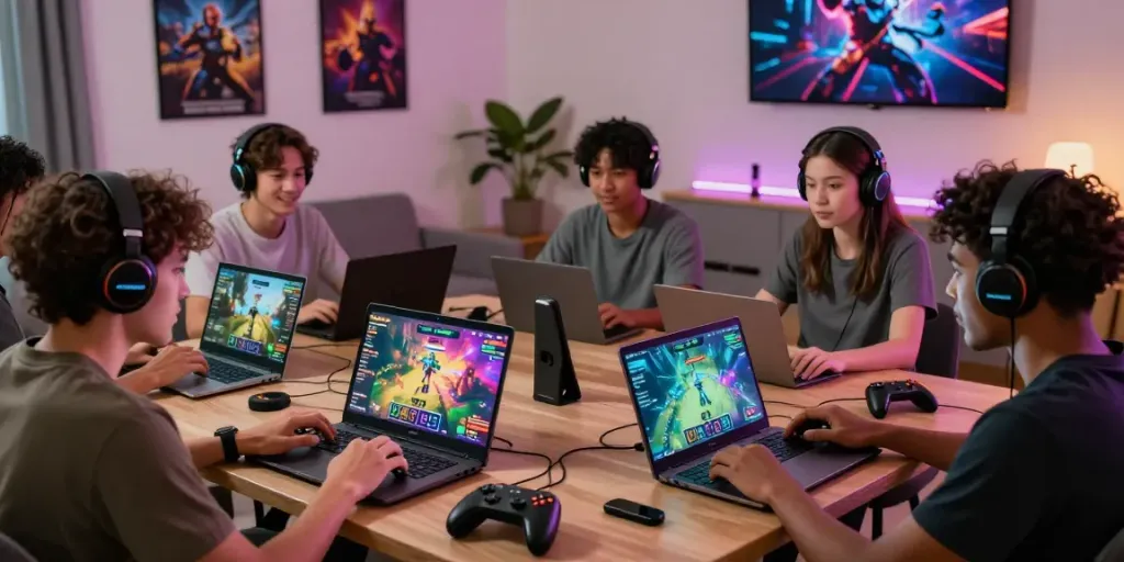 Friends enjoying multiplayer games on Luxury333 platform in a vibrant gaming room.